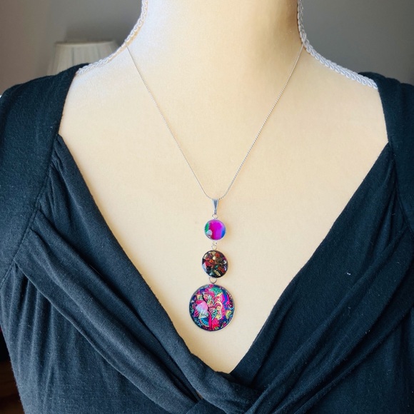 Jewelry - Handmade Glass Cabochon Pendant Necklace w/Snake Chain Multi Color